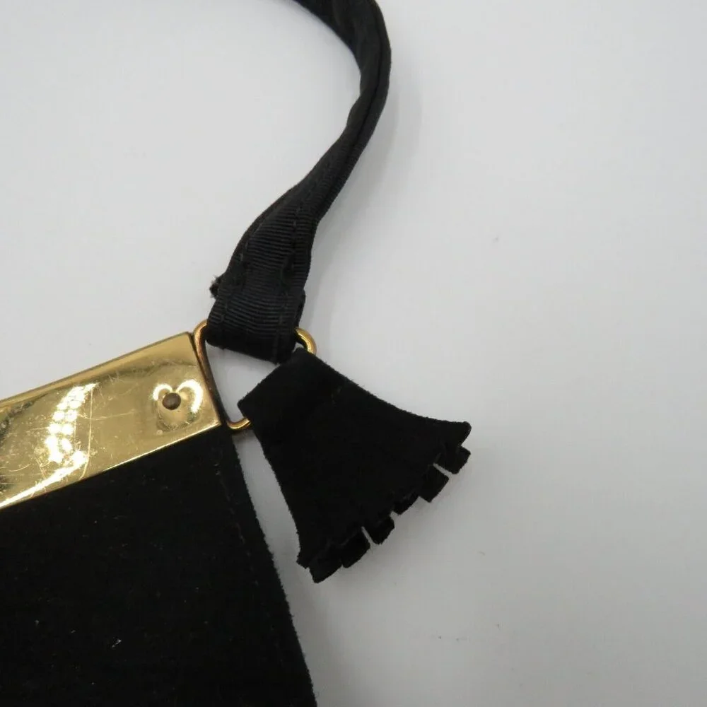 Lennox Bags Purse Black Faux Suede Gold Tone Trim Hand Strap‎ Vintage Snap Close